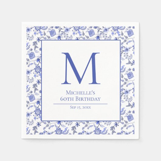 Vintager Monorgam Blaue Flora Geburtstag Serviette (Vorderseite)