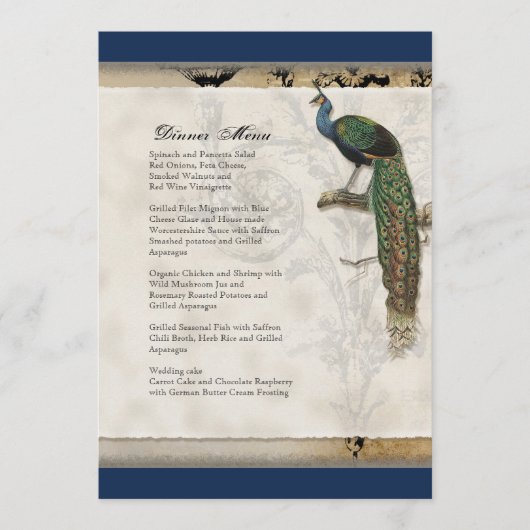 Vintager Musiknoten-Kandelaber-Strudel des Pfau-6 Menükarte (Vorderseite)