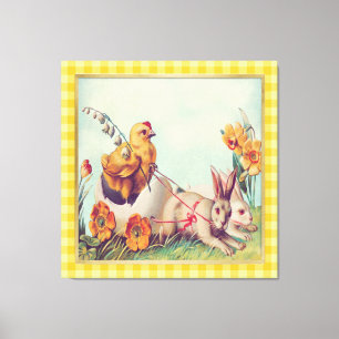 Vintager Mustard Yellow Oster Bunny & Chick Art Leinwanddruck