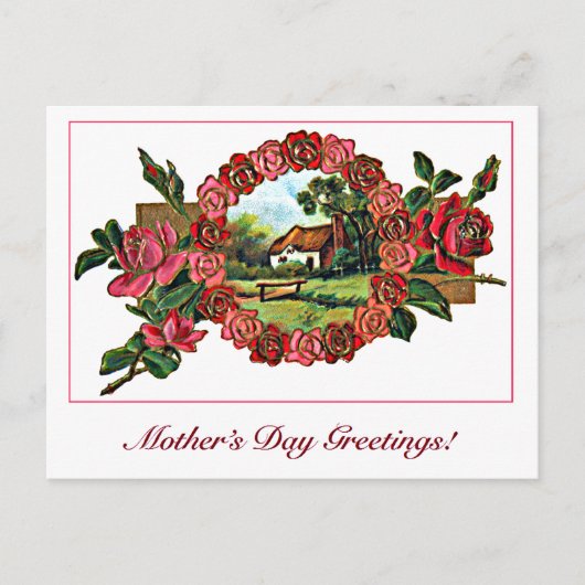 Vintager Muttertag Gruß mit Rose und Zuhause Postkarte (Vorderseite)