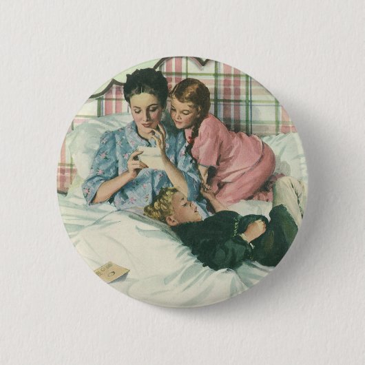 Vintager Muttertag, Kinder, die Karten im Bett les Button (Vorderseite)