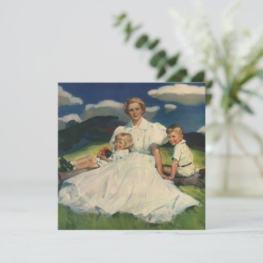 Vintager Muttertag, Mama mit Kindern Einladung (Stehend Vorderseite)