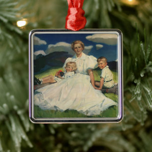 Vintager Muttertag, Mama mit Kindern Silbernes Ornament
