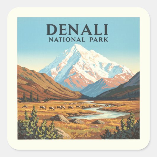 Vintager Nationalpark Denali Quadratischer Aufkleber (Vorderseite)