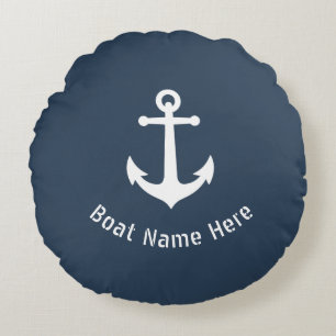 Vintager nautischer Anker Ihr Bootname Blue Grau Rundes Kissen