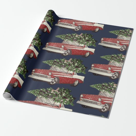 Vintager Navy- & Red Car-Tree oben Geschenkpapier (Ungerollt)