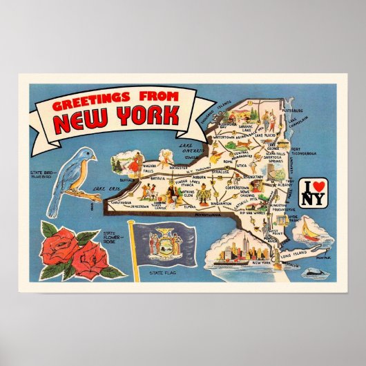 Vintager New Yorker Staat Karte 18x12, Print Poster (Vorne)