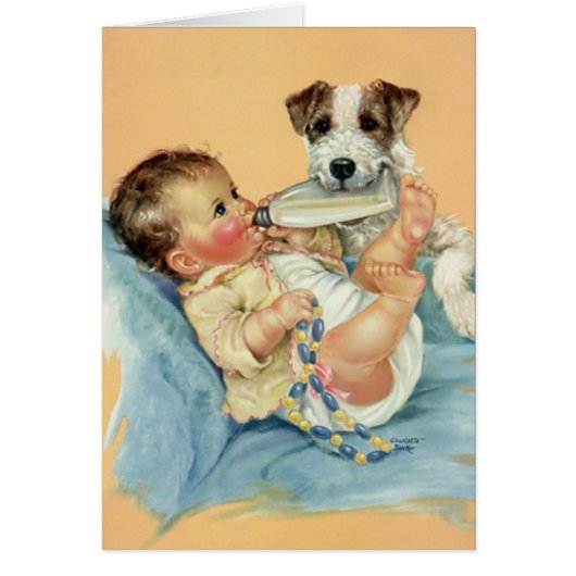 Vintager Niedlicher Baby Boy mit Flasche und Welpe (Vorne)