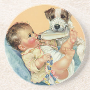 Vintager Niedlicher Baby Boy mit Flasche und Welpe Getränkeuntersetzer