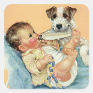 Vintager Niedlicher Baby Boy mit Flasche und Welpe Quadratischer Aufkleber