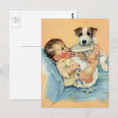 Vintager Niedlicher Babybock mit Flasche und Welpe Postkarte (Vorne/Hinten)