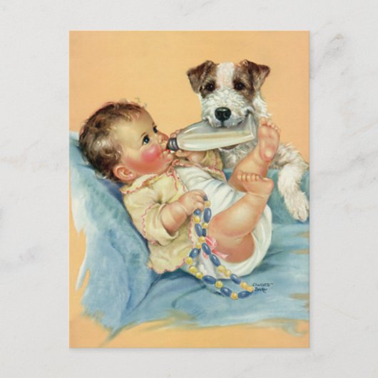 Vintager Niedlicher Babybock mit Flasche und Welpe Postkarte (Vorderseite)