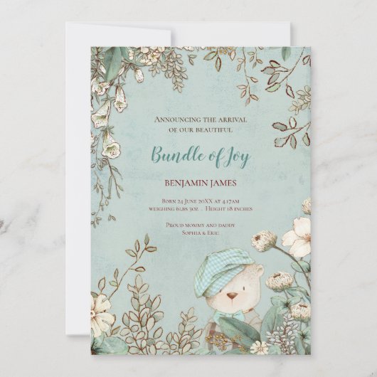 Vintager Niedlicher Bär Foto Botanical Baby Birth Ankündigung (Vorderseite)