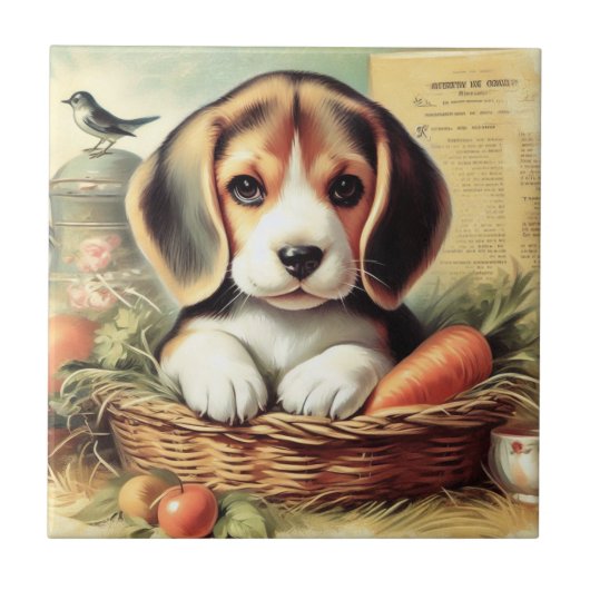 Vintager Niedlicher Beagle Welpe Fliese (Vorderseite)