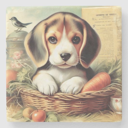 Vintager Niedlicher Beagle Welpe Steinuntersetzer (Vorderseite)