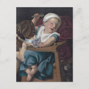 Vintager Niedlicher Hund, der von einem Baby Leben Postkarte