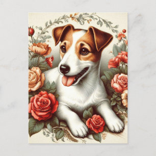 Vintager Niedlicher Jack Russell Terrier Floral Postkarte