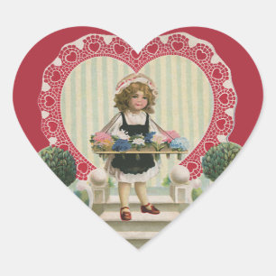 Vintager Niedlicher Valentinstag, Mädchen mit Blum Herz-Aufkleber