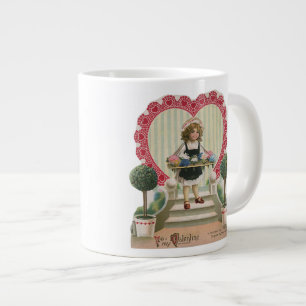 Vintager Niedlicher Valentinstag, Mädchen mit Blum Jumbo-Tasse