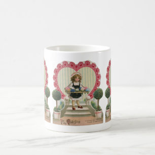 Vintager Niedlicher Valentinstag, Mädchen mit Blum Kaffeetasse