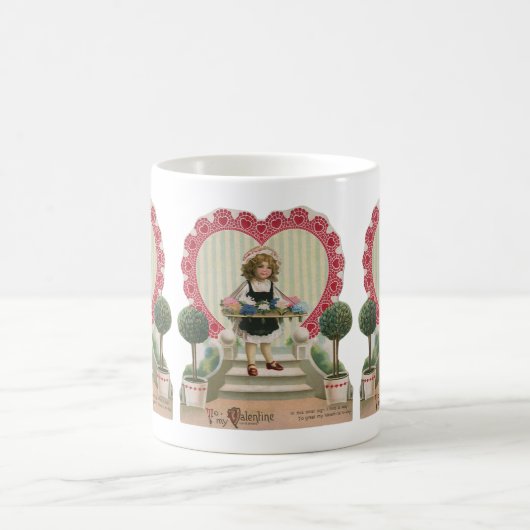 Vintager Niedlicher Valentinstag, Mädchen mit Blum Kaffeetasse (Mittel)