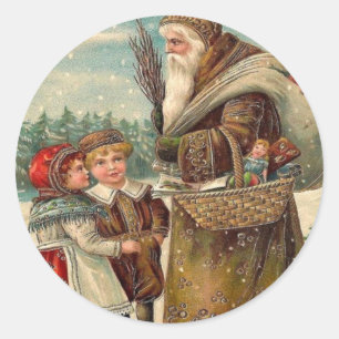 Vintager Nikolaus mit Kindern Weihnachten Runder Aufkleber
