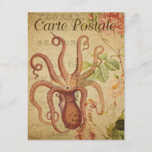 Vintager Octopus Tintenfisch Rosa Rosen Französisc Postkarte