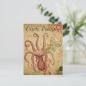 Vintager Octopus Tintenfisch Rosa Rosen Französisc Postkarte (Stehend Vorderseite)