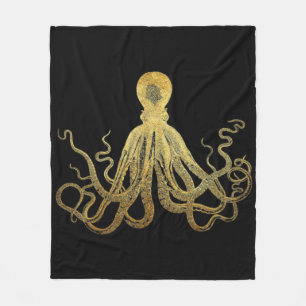 Vintager Oktopus Gold Schwarze Tinte Küste Nautic Fleecedecke