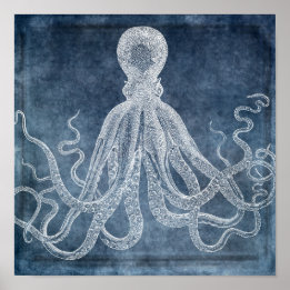 Vintager Oktopus Twilight Blue Denim Watercolor Poster