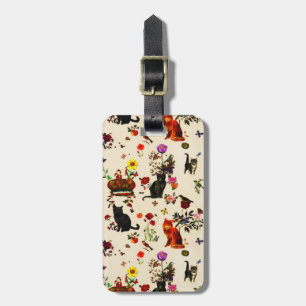 Vintager Orange Black Cats Bird Floral Garden Gepäckanhänger