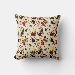 Vintager Orange Black Cats Bird Floral Garden Kissen