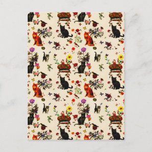 Vintager Orange Black Cats Bird Floral Garden Postkarte