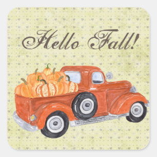 Vintager Orange Truck und Pumpkins fallen Quadratischer Aufkleber