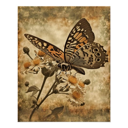 Vintager Orangenschmetterling mit weißen Blume Poster (Vorderseite)