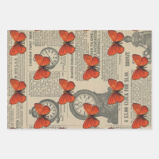Vintager Orangenschmetterling und Zeitung Geschenkpapier Set (Vorderseite)