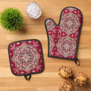 Vintager Orientalischer Roter Perser Rug Ofenhandschuh & Topflappen-Set