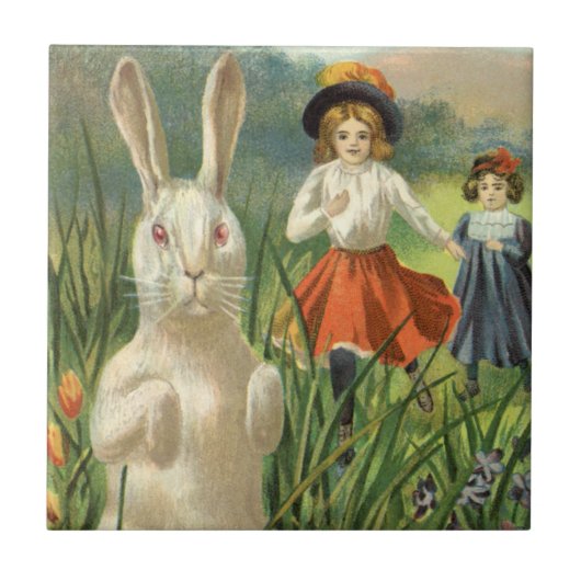 Vintager Osterhase und glückliche Kinder Fliese (Vorderseite)