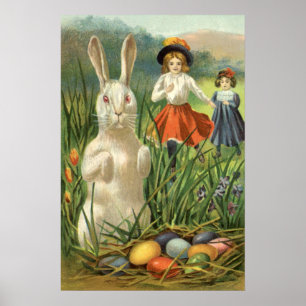 Vintager Osterhase und glückliche Kinder Poster