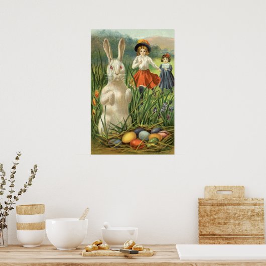 Vintager Osterhase und glückliche Kinder Poster (Küche)
