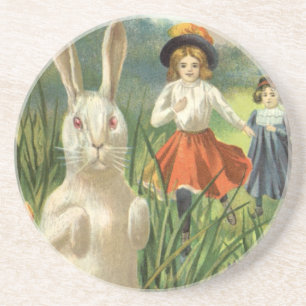 Vintager Osterhase und glückliche Kinder Sandstein Untersetzer