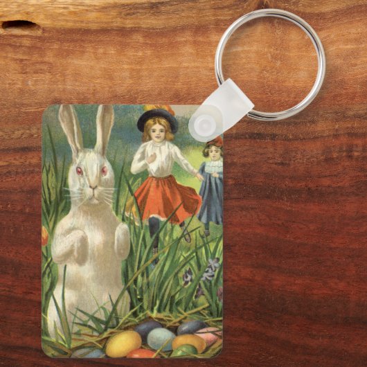 Vintager Osterhase und glückliche Kinder Schlüsselanhänger (Rückseite)