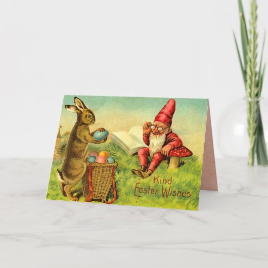 Vintager Osterhase und Gnome Feiertagskarte (Vorderseite)