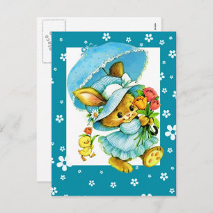 Vintager Osterhase und Küken Feiertagspostkarte