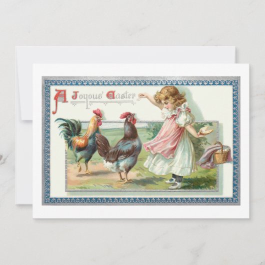 Vintager Osterhen, Rooster & Girl Feiertagskarte (Vorderseite)