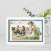 Vintager Osterhen, Rooster & Girl Feiertagskarte (Stehend Vorderseite)