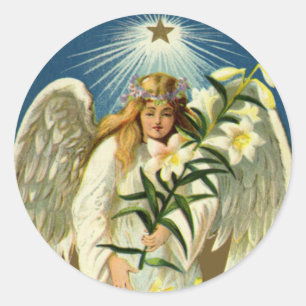 Vintager Ostern-Engel, Lamm, Lilien-Blume, Runder Aufkleber