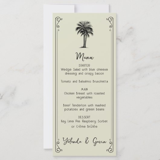 Vintager Palmenbaum Elegantes Hochzeitmenü (Vorderseite)