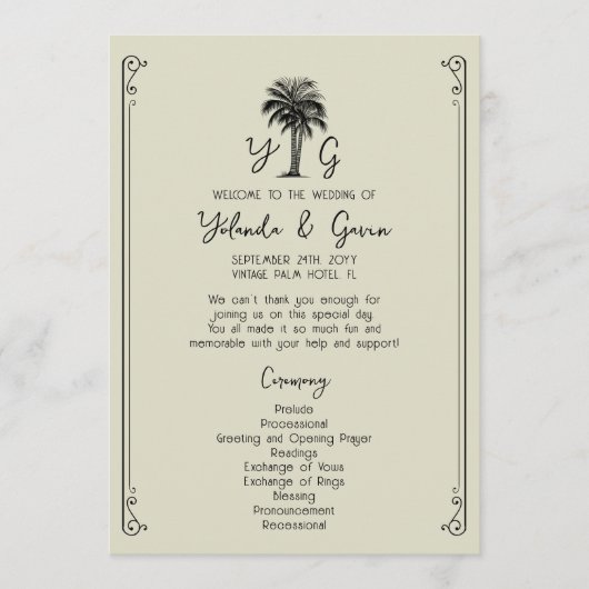 Vintager Palmenbaum Hochzeitsfeier Programm (Vorderseite)