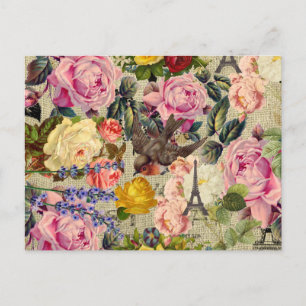 Vintager Pariser Eiffelturm Niedlich Bird Floral Postkarte